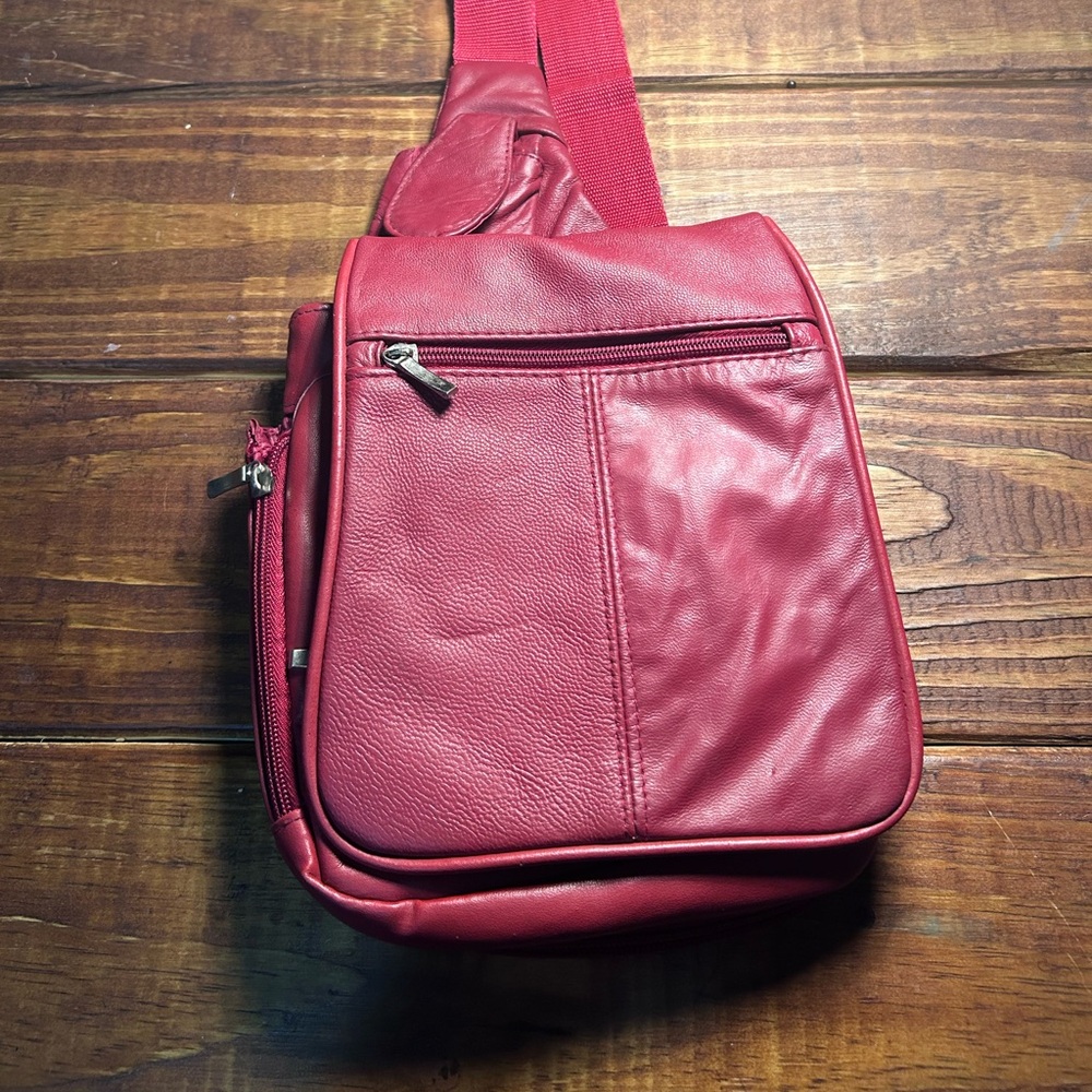 Red Leather Sling Crossbody Bag | Adjustable Strap | Multi-Zip